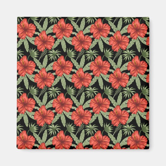 Íman Flores tropicais vermelhas Folhas verdes (Frente)