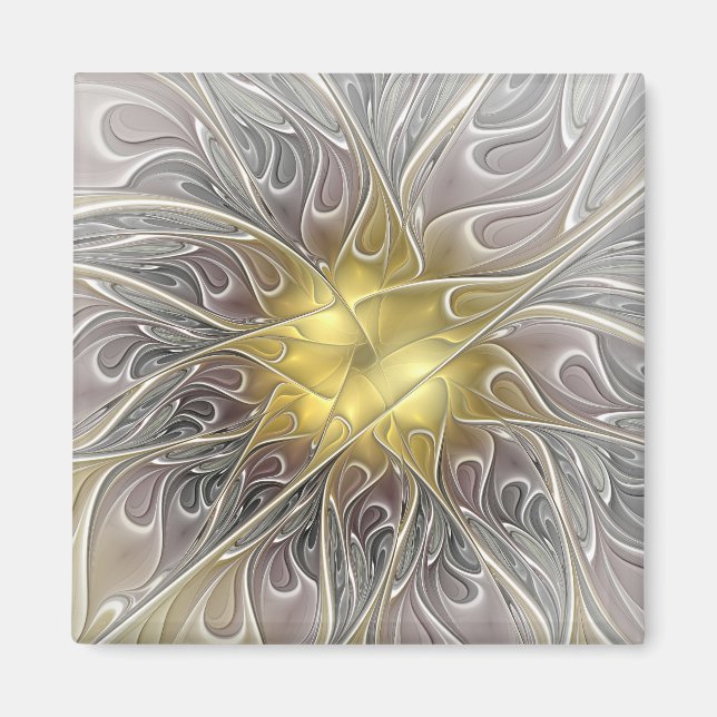 Íman Florescer Com Flor Fractal Abstrata Moderna Dourad (Frente)
