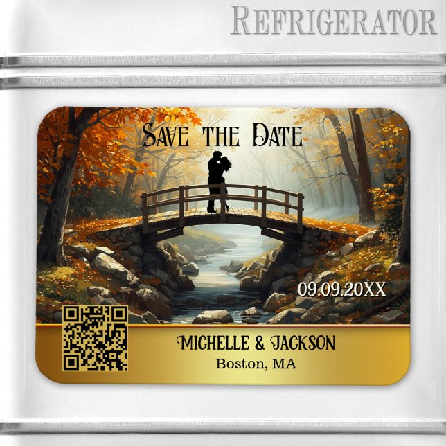 Íman Floresta Romântica de Outono Salvar a Data (Save the Date magnet featuring a painting of a couple on a bridge in a fall forest - with QR code)