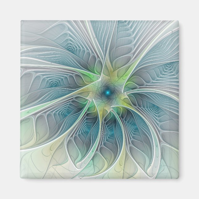 Íman Flourando Fantasia Moderna Azul Flor Fractal Verde (Frente)