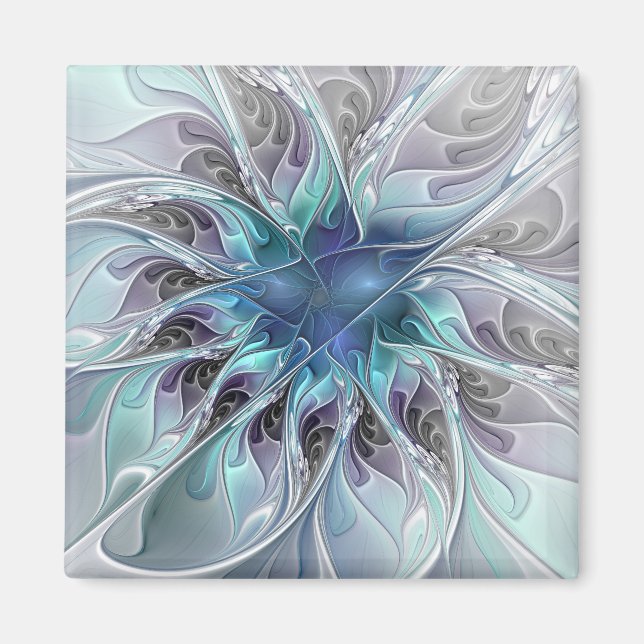Íman Flourar Abstrato Moderno Flor Fractal Com Azul (Frente)