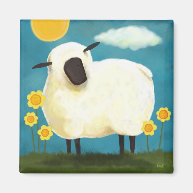 Íman Fluffy Sheep & Yellow Flowers Art Magnet (Frente)