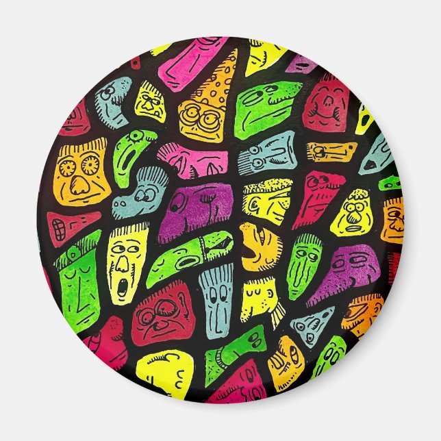 Íman Fluorescent Cartoon Weird Faces Drawing (Frente)