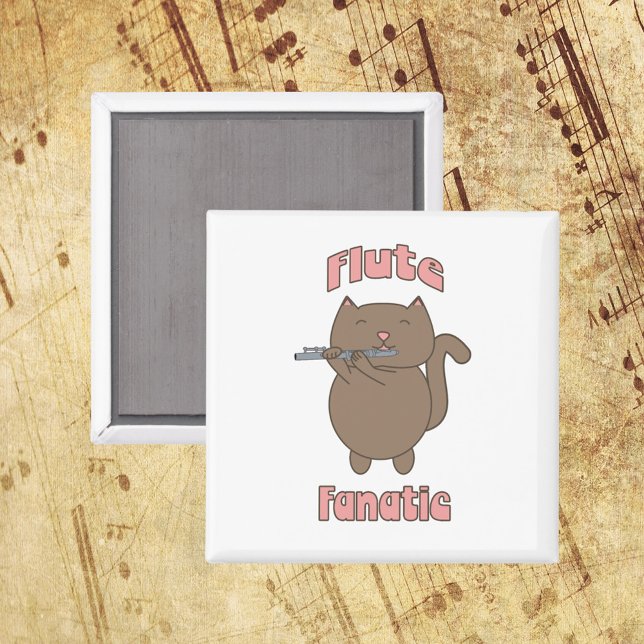 Íman Flute Fanatic Cat Engraçado (A fun magnet that says flute fanatic in pink letters with a brown cat playing the flute!)