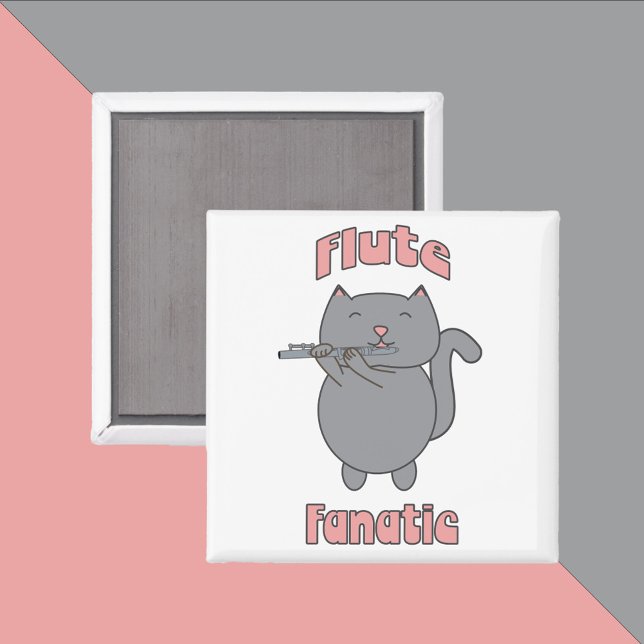Íman Flute Fanatic Pink Gray Cat (A magnet with a gray flute playing cat that says flute fanatic)