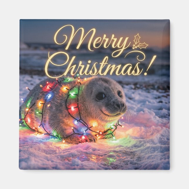 Íman Foca Bebê Fofa Envolta em Luzes de Natal  (Frente)
