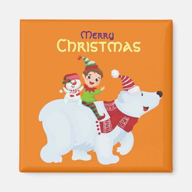 Íman Fofa elfo de Natal urso polar boneco de neve Quadr (Frente)