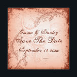 Íman Folha de rolagem do coral de vintage Salvar a Data<br><div class="desc">Vintage coral scroll leaf casamento Salve o ímã de Data,  com rolhas elegantes em coral em fundo verde.</div>