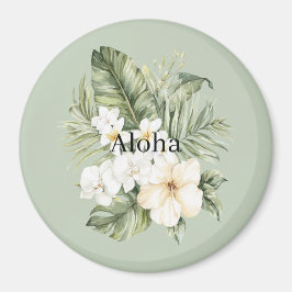 Íman Folhas Verdes Tropicais Orquídeas Hibisco Branco