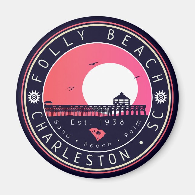 Íman Folly Beach SC Souvenirs Retro Sunset Pier 60s (Frente)