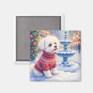 Íman Fonte Festiva de Bichon Frise em Aquarela Natal