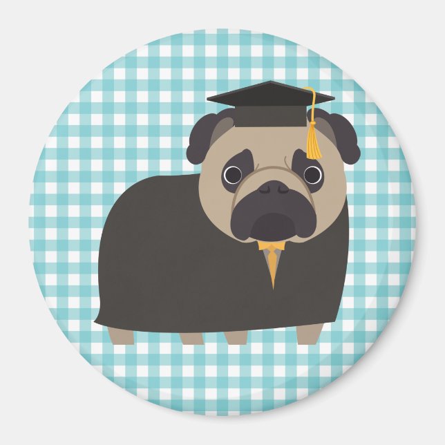 Íman Formando Pug em Azul e Branco Gingham Design (Frente)