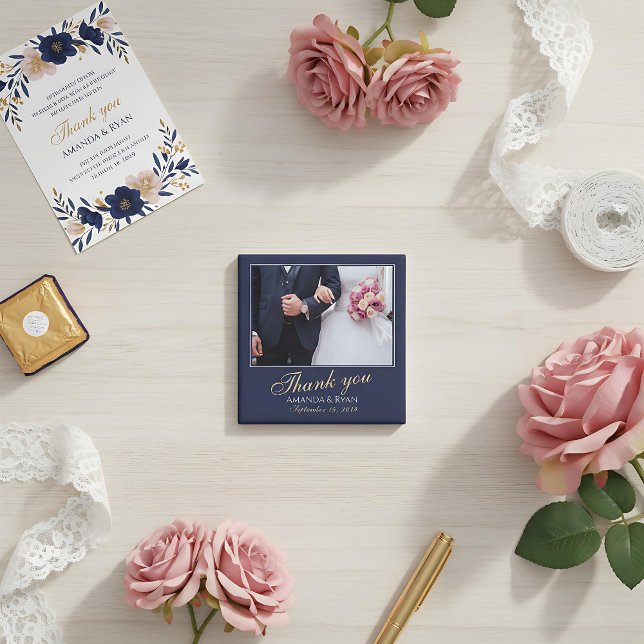 Íman Foto Azul Moderna Elegante Obrigado Casamento (Criador carregado)