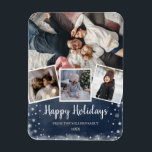 Íman Foto: Colagem azul e flocos de neve<br><div class="desc">Uma bela ideia de presente para seus entes queridos. Um ímã com suas fotos favoritas! Fácil de personalizar com seu nome de família também.</div>