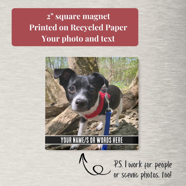 Íman Foto com personalização no Bottom Modern (Your custom text and pet photo make this square magnet a perfect, inexpensive gift.)