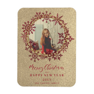 Íman Foto da família de Natal Red Sparkles Snowflakes