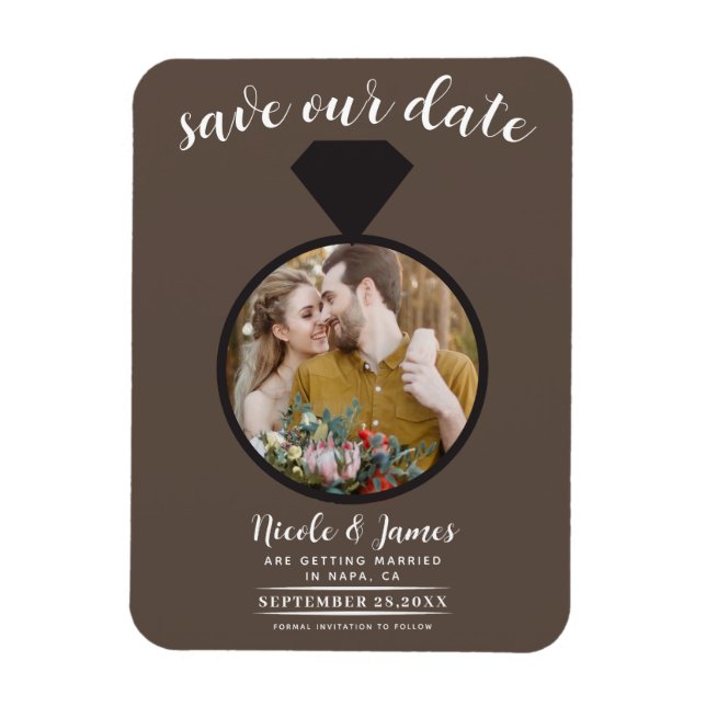 Íman Foto de Anel de Noivado Marrom Médio Save the Date (Vertical)