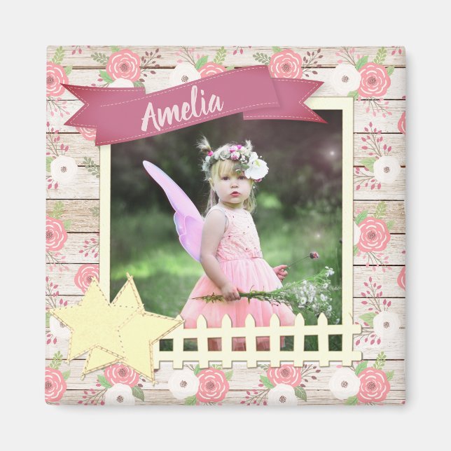 Íman Foto de Bebê Personalizada Floral Rustic Wood e Pi (Frente)