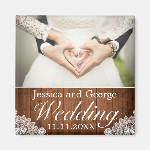 Íman Foto de Casamento de Madeira Rústica e Lace Branco