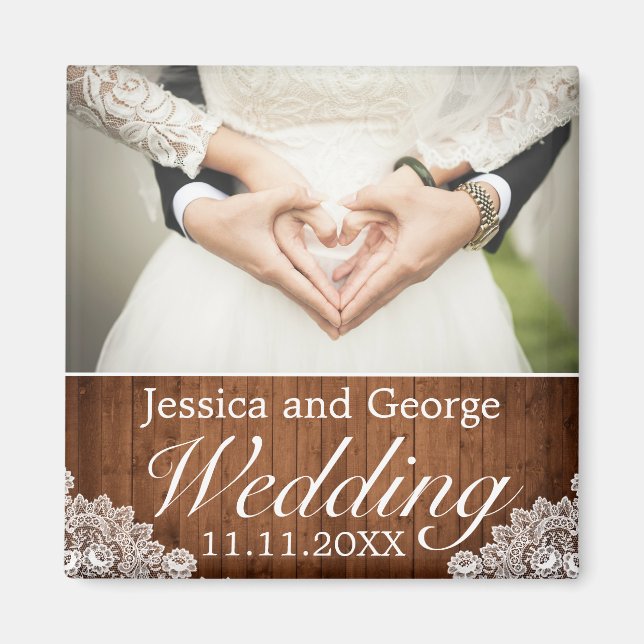 Íman Foto de Casamento de Madeira Rústica e Lace Branco (Frente)