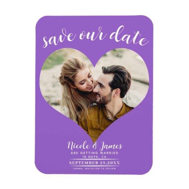 Íman Foto de Casamento Save the Date Coração Roxo (Vertical)