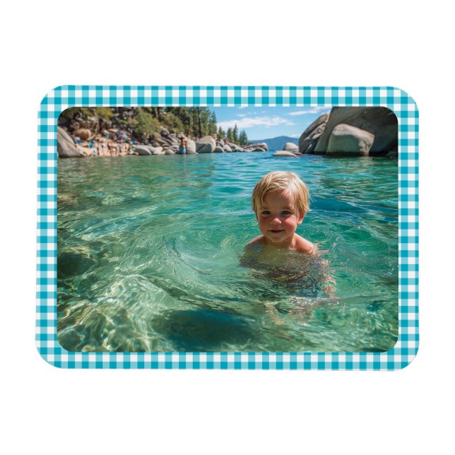 Íman Foto de família em xadrez gingham azul (Horizontal)