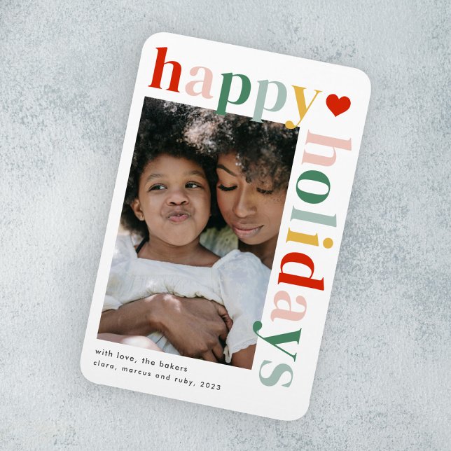 Íman Foto de feriados felizes coloridos modernos (Modern colorful typography happy holidays photo holiday card magnet.)