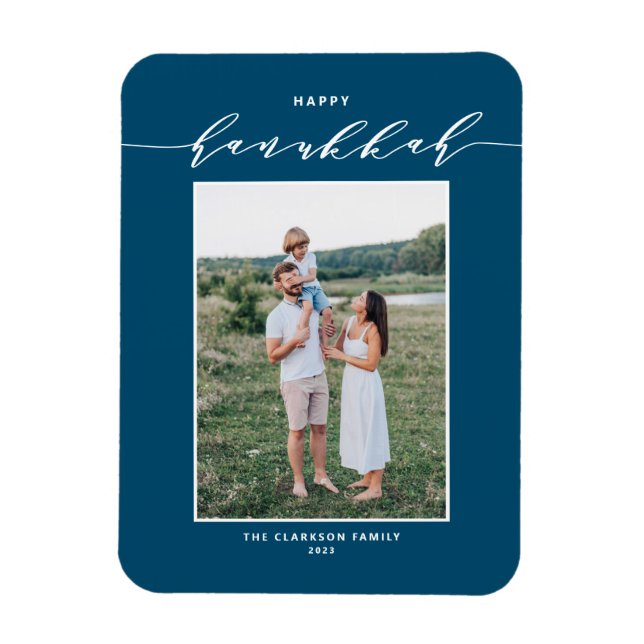 Íman Foto de Hanukkah Feliz Azul de Script Moderno (Vertical)