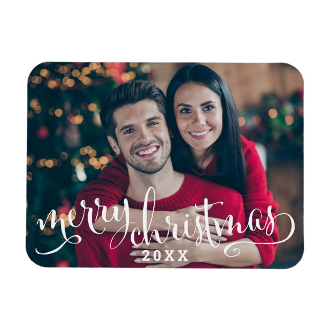 Íman Foto de Natal Feliz com Letra Branca Moderna (Horizontal)