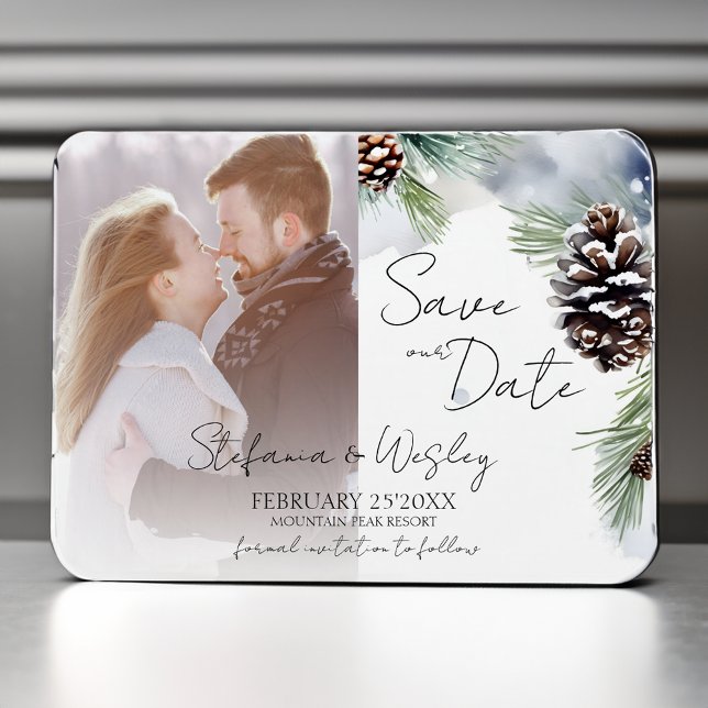 Íman Foto de pinheiro de neve com aquarela de inverno s (Winter watercolor snowy pines photo save the date magnet winter themed wedding save the date )