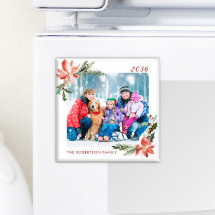 Íman Foto de Poinsettia Botânica com Aquarela de Natal