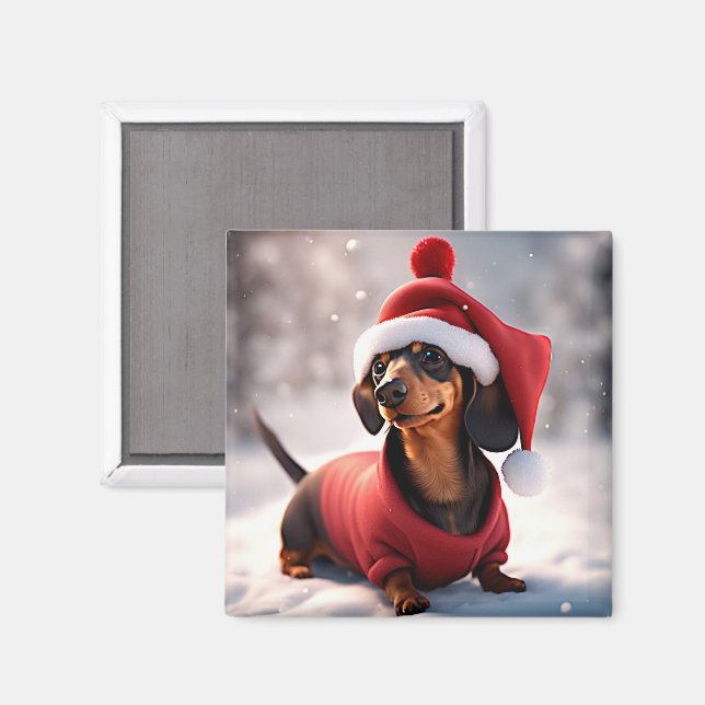 Íman Foto de um dachshund com chapéu de Natal (Front/Back)