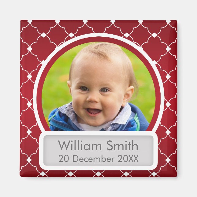 Íman Foto Do Bebê Com Nome E Data Quatrefoil Vermelho (Frente)