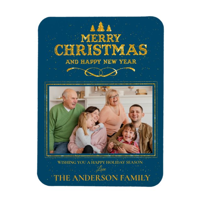 Íman Foto do Feliz ano novo de Natal Dourado Azul (Vertical)