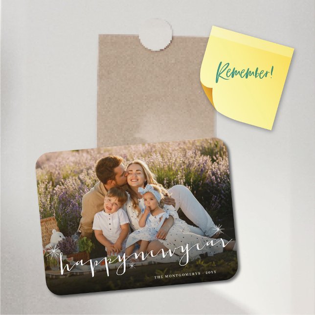 Íman Foto Dourada do Starburst do Script Moderno do fel (Happy New Year Classic Script Starbursts Photo Flexible Magnet @ fat_fa_tin)