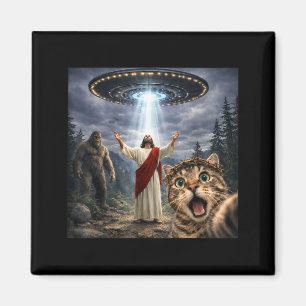 Íman Foto engraçada de gato com bigfoot ufo e jesus pás