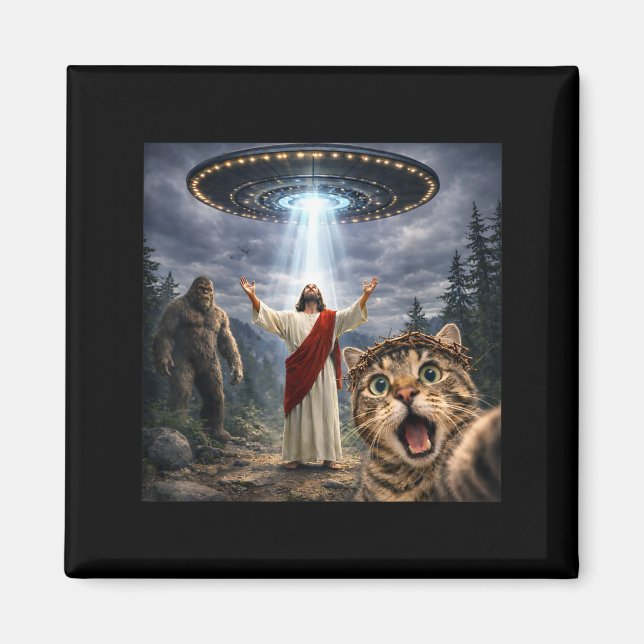 Íman Foto engraçada de gato com bigfoot ufo e jesus pás (Frente)