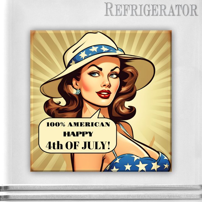 Íman Foto engraçada Pin-up 4 de julho Magnet (4th of July magnet featuring a funny retro cartoon illustration of a pin-up girl with cowboy hat)