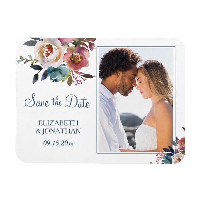 Íman Foto: Formal Dusty Blue Wine Burgundy Floral (Horizontal)