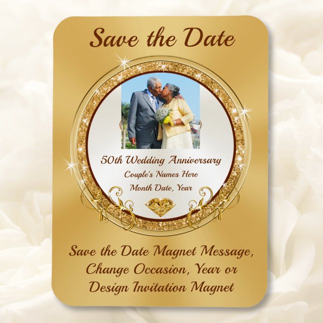 Íman Foto Personalizada, 50º Aniversário Salve a Data (Golden wedding anniversary ideas. 50th anniversary save the date magnets. Save the Date with Picture)