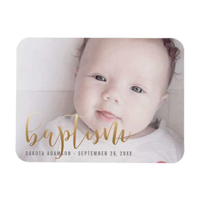 Íman Foto personalizada | Caligrafia Dourada batismo (Horizontal)