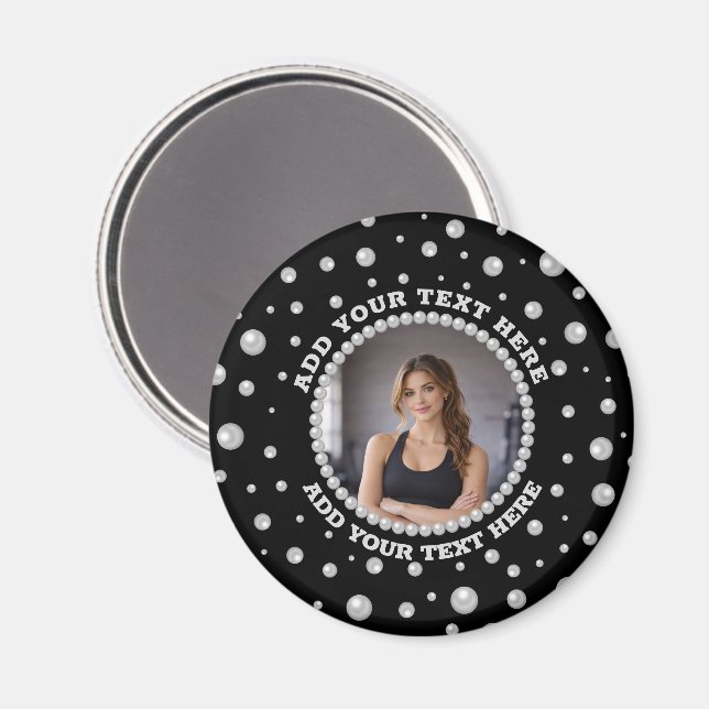 Íman Foto Personalizada com Círculo de Pérolas em Preto (Front/Back)