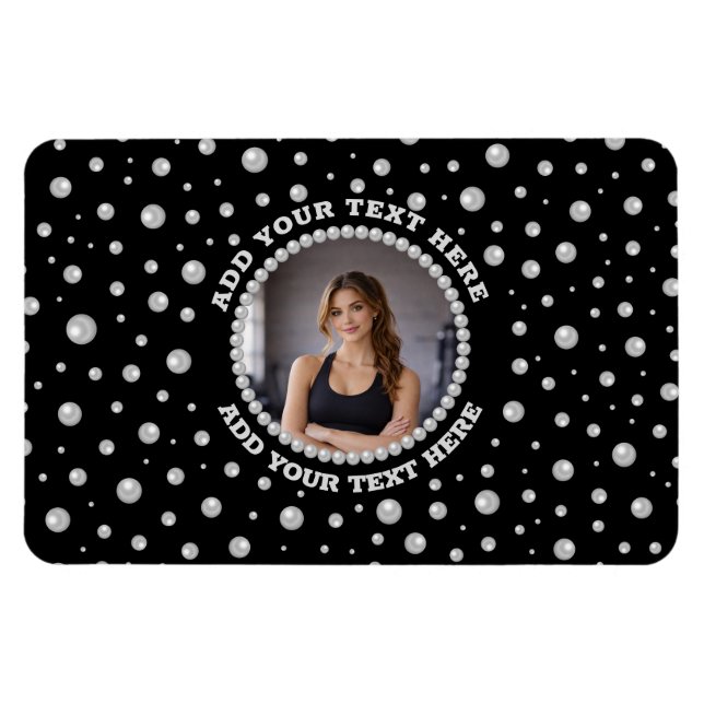 Íman Foto Personalizada com Círculo de Pérolas em Preto (Horizontal)