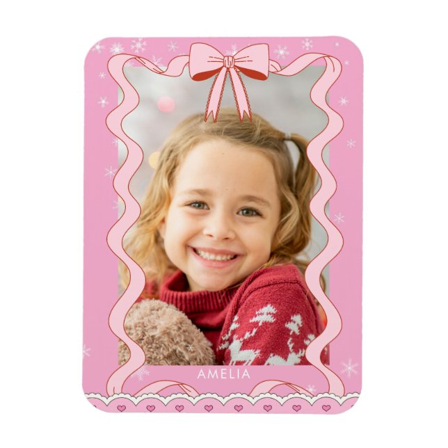 Íman Foto Personalizada com Fita Rosa Pastel Moderna (Vertical)