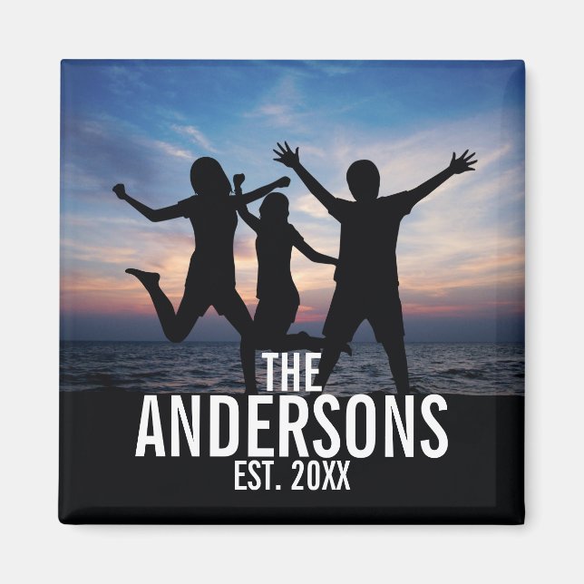 Íman Foto personalizada da família com nome da família (Frente)