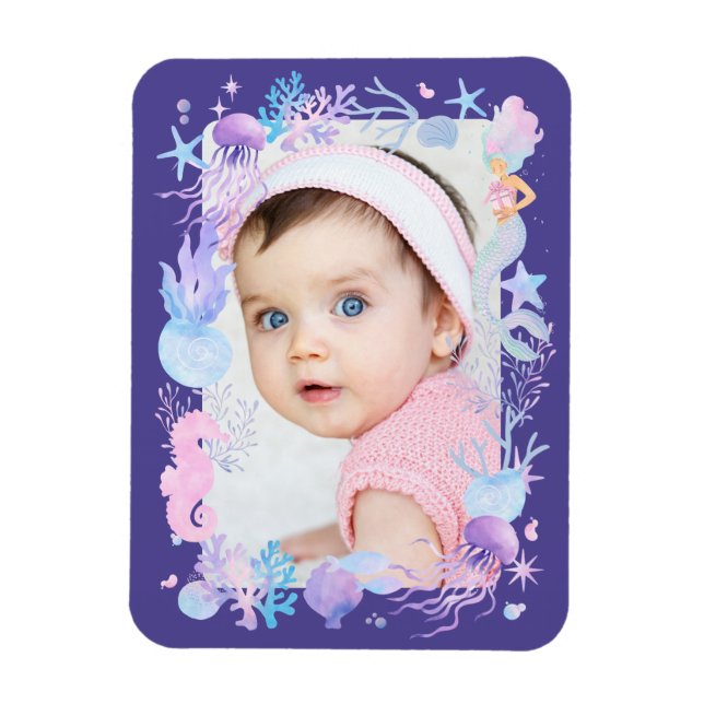 Íman Foto Personalizada Menina Pequena Sereia Roxo (Vertical)