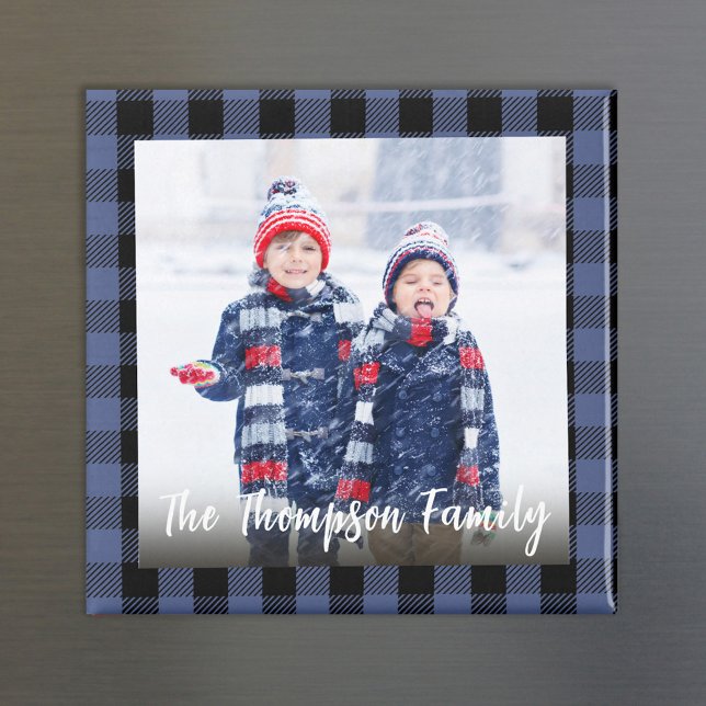 Íman Foto Simples de Natal com Caligrafia Fofa em Xadre (Simple photo magnet with editable buffalo check pattern. )