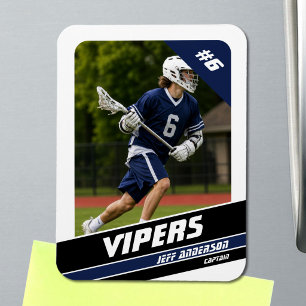 Íman Foto Vigorosa de Jogador de Lacrosse Azul e Branco