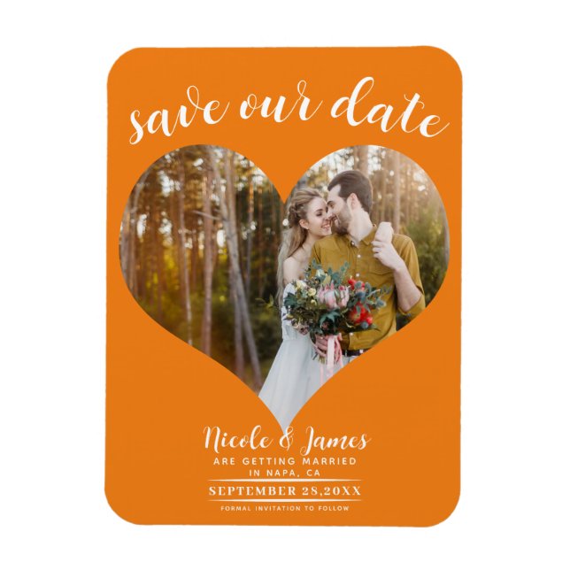 Íman Fotos de Coração Laranja Casamento Salvar a Data (Vertical)