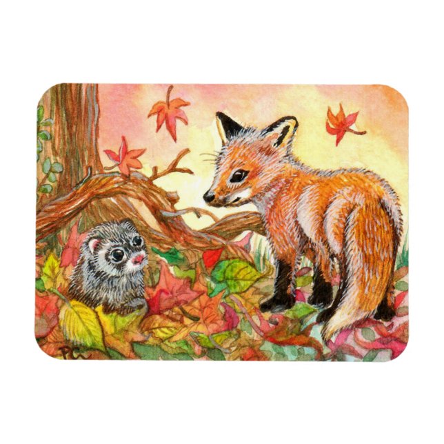Íman Fox e Ferret em Folhas de outono (Horizontal)